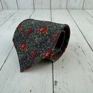 VTG Christian Dior Monsieur Grey/Red Silk Lighthouse & Bird Print Neck Tie Mens